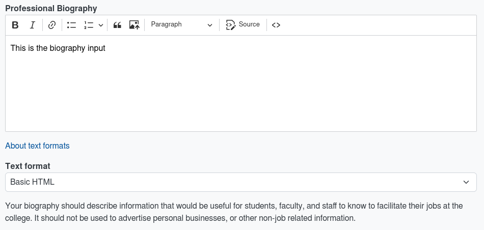 Visual of the Professional Biography form input