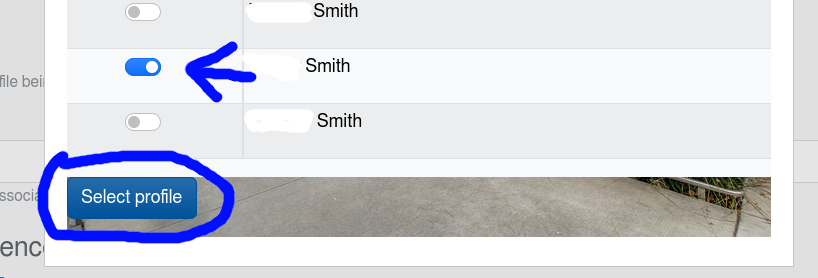 Select profile dialog with toggled row and the final button showing screenshot.